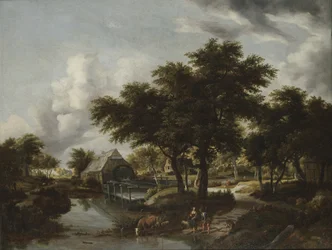 Skoglandskap med en vannmølle