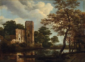 Skogkledd elvelandskap med ruinene av Egmond slott ved Egmond aan den Hoef