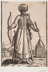Forfra, turbanet soldat med utstrakte armer, stående på et åpent torg i en by; i r. hånd holder han en bue, i v. en pil; bak l. skulder et kogger, ved h. side en sabel