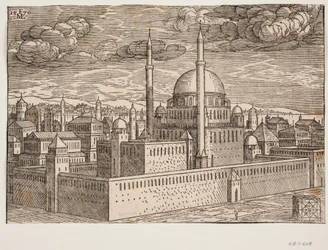 Moske, med to minareter, sett fra nordvest; på den andre siden av vannet kan Galata sees? I nedre høyre hjørne er det en kubisk formet stein, på hvilken en firkantet geometrisk figur er etset, en figur som antagelig viser
