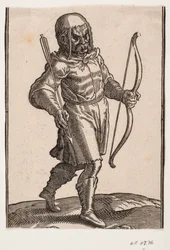 Soldat, går mot h.; støvler og knekort dress; i v. hånd en bue, i h. hånd en pil