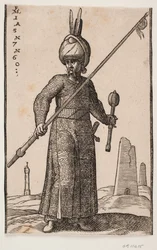 Stående soldat, sett forfra; i høyre hånd en lanse med en vimpel på spissen; i venstre hånd, en kølle; på hodet en turban med to fjær; i landskapet, et «fyrtårn» og et par obelisklignende bygninger