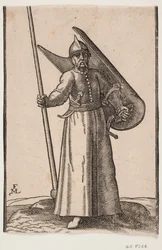 Stående soldat med hjelm på hodet; i r. hånd en lanse, hvis topp er utenfor øvre rammelinje; på v. arm et buet skjold, sett innenfra; i beltet under r. armen en buet dolk, ved v. siden et sverd