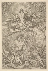 Kristi oppstandelse, omsluttet av en aureole og skyer med linjer med bevingede putti til..., 1577.