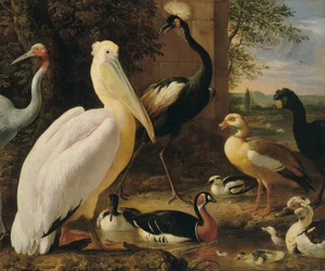 Pelikan, kronet trane, curassow, saruskrane og ender i et elvelandskap