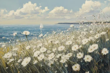 Hvite blomster, seilbåt, kyst
