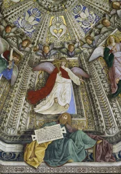 Profeten Jeremia og en engel, kuppelen til sakristiet til Saint Mark, Santuario della Santa Casa, Loreto, ca. 1477-93 (fresco)