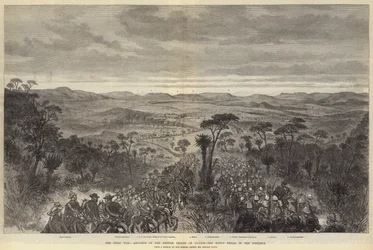 Zulukrigen, de britiske troppenes fremmarsj på Ulundi, Kongens Kraal i det fjerne