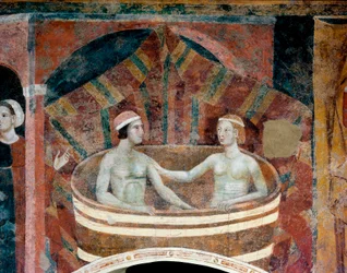 Scene fra ekteskapslivet i middelalderen. Et par som steller seg i et kar. Detalj. Fresko, tidlig 1300-tall