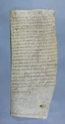 Privilegiet til Clovis III (682-695) gitt til klosteret Saint-Denis, 691 (penn og blekk på vellum)