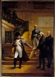 Keiser Napoleon I (1769-1821) besøker Palais-Royal, sete for tribunatet, og avslår planene til arkitektene Beaumont og Fontaine 5.08.1807, Maleri av Merry Joseph Blondel (1781-1853) 1834 Søn. 2,27x1,63 m Palais Royal, Paris - Keiseren Napo