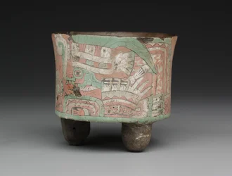 Sylindrisk stativkar med to brillefigurer, c.A.D. 400?650 (keramikk, stukkatur og maling)