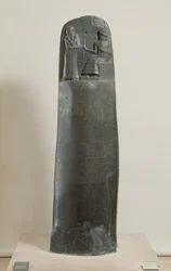 Code of Hammurabi: guden Shamash dikterer lovene sine til Hammurabi, kongen av Babylon, funnet i Susa, Iran, ca. 1750 f.Kr. (dioritt) (for detaljer se 69507)