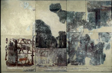 Mesopotamia: Zimrilims palass, investiturmaleri: framstilling av en bevinget okse, en sfinks og en griff. Løsnet freske fra Zimri-Lims regjeringstid (Zimri Lim) (ca. 1782-1759 f.Kr.) fra Mari. Paris, Louvre-museet.