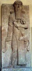 Mesopotamia: Statue av Sargon som temmer en løve, kalt Gilgamesj, hoffet i Khorsabad, 8. århundre. Paris, Louvre-museet