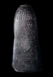 Mesopotamia: kudurru i svart kalkstein fra kong Marduk-sapik-zari (1082-1070 f.Kr.) (stele brukt som dokumentasjon på jordgavene som Babylons kassittiske herskere skjenket familiemedlemmer eller høye dignitærer). Innskriften er skrevet med kileskrift