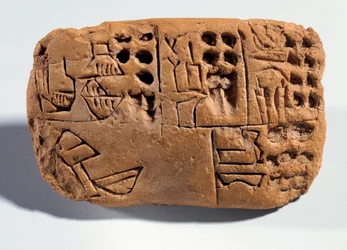 Mesopotamia: ubrent leirtavle med kileinnskrift. Regionen Sumer. 3300 f.Kr. Paris, Musée du Louvre