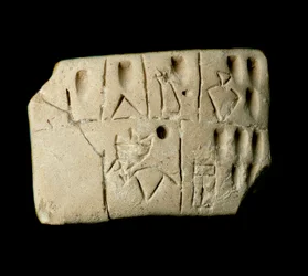 Mesopotamia: leirtavle med regnskaper i kileskrift. Fra Eanna-tempelet, viet til gudinnen Inanna (tilsvarende Ishtar hos sumererne), i Uruk. 3200 f.Kr. Mål 6,4 x 4,7 cm, Irakisk museum, Bagdad