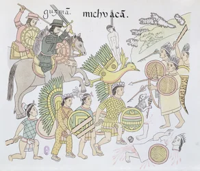 Slaget ved Michoacán mellom spanjolene og aztekerne, illustrasjon fra en faksimile av en meksikansk indiansk bildehistorie, Lienzo de Tlaxcala, ca. 1550, 1892