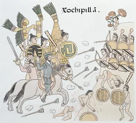Slaget ved Xochipilla mellom spanjolene og aztekerne, illustrasjon fra en faksimile av den meksikanske indianske bildekrøniken Lienzo de Tlaxcala fra ca. 1550, 1892