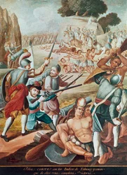 Erobringen av Mexico: kamp mellom Hernando Cortés (Hernán Cortés) (1485-1547) og indianerne fra Tabasco i 1519. Maleri av den meksikanske skolen