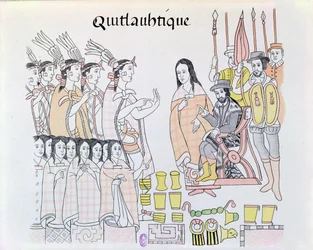 La Malinche (Doña Marina) som tolk under Montezumas (1466-1520) overlevering av kvinner og gull til Hernando Cortés (1485-1547), illustrasjon fra en faksimile av et meksikansk indianerbilde
