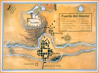Kart over Alamo-området i San Antonio basert på Santa Annas originale slagmarkskart