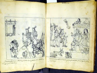 Ms Hunter 242 256v-257r Cortez og Montezuma, fra Historia de Tlaxcala av Diego Munoz Camargo