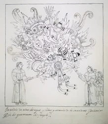 Ms Hunter 242 f.242r Fransiskanerbrødrene brenner tradisjonelle bøker og klær, fra Historia de Tlaxcala av Diego Munoz Camargo