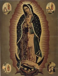 Representasjon av jomfruen av Guadalupe, skytshelgen for Mexico Trykk av det 20. århundre. Dim. 51x39 cm Musee de la Vallee, Barcelonnette (Alpes de Haute provence)