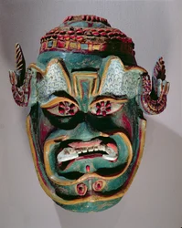 Rituell maske av Santiago brukt i den meksikanske dansen til maurerne og de kristne (malt tre)