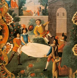 Scene fra Don Quixote of the Channel (El ingenioso Hidalgo Don Quixote de la Mancha) av Miguel de Cervantes (1547-1616) 1700-tallet (maleri)