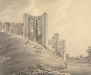 Kenilworth Castle, med figurer på åssiden