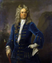 Portrett av kaptein Robert Harland (ca. 1680–1751), som holder et teleskop (langt perspektiv) i hånden. Olje på lerret, ca. 1707–1711 av Michael Dahl (1659–1743).