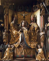 Kroning av jomfrualteret, rundt 1470-1480, av Michael Pacher (død 1498), utskåret tre, gamle Gries Parish Church, San Quirino, Bolzano, Trentino-Alto Adige, Italia
