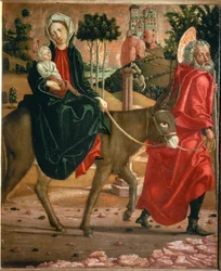 Flykt til Egypt. Sankt Josef leder eselet med Sankt Maria og barnet.