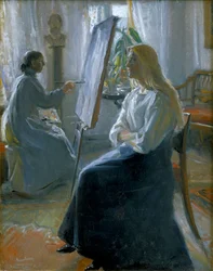 I studioet, Anna Ancher, kunstnerens kone-maleri, sent på 1800- og begynnelsen av 1900-tallet.