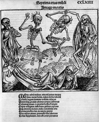 Makaber dansescene, med skjeletter, -i "" Chronicles of Nuremberg"" av Hartmann Schedel (1440-1514), redigert i Nürnberg av Anton Koberger, 12. juli