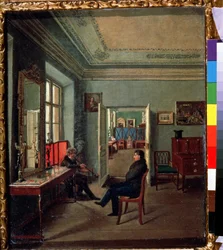 På rommet (på rommet). To menn har en samtale i et borgerlig interiør, kvinnene er i et annet rom. Maleri av Mikhail Fyodorovich Davydov (første halvdel av 1800-tallet). Olje på lerret