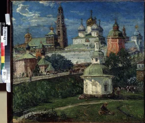 Trinity Lavra of Saint Sergius (Trinite-Saint-Serge), en Sergiev Posad (Russland) (The Trinity Lavra of Sergius in Sergiyev Posad). Maleri av Michail Vasilievich Boskin (1875-1930). Olje på lerret, 75 x 82 cm, ca 1910, russisk kunst. State Open Air Mu