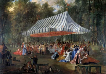 Fest gitt av Louis Francois Joseph de Bourbon, prins av Conti til arvelig prins Charles Guillaume Ferdinand av Brunswick Luebourg (1735-1806), under teltet, i Cassan-skogen, på Isle Adam i 1766 Bankett i parken. Maleri av Michel Ba