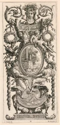 Ornamental Panel overmonteret med et hode flankert av løvverk, plate 11 fra Ornamental Panel overbygd med et hode flankert av løvverk, fra Livre de Diverses Grotesques peintes dans le Cabinet et Bains de la Reyne Regente, au Palais Royale