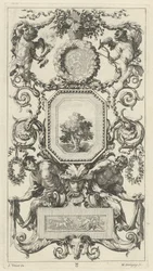 Ornamental panel overbygd av en kurv med blomster med amor og jomfruhinne