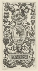 Ornamental panel med pan og to kransbærende kvinner