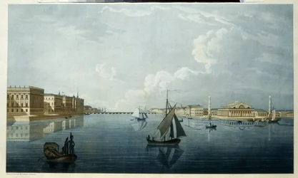 Børsen og Marmorpalasset i St. Petersburg. Beskrivelse av bredden av Neva. Verk av Michel Francois Damam Demartrait (1763-1827), litografi, setting