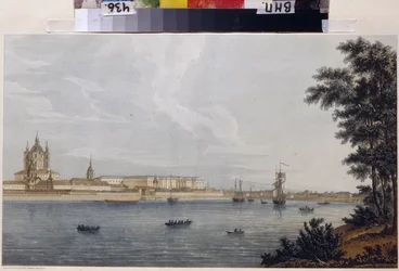 Smolny-klosteret i St. Petersburg. Verk av Michel Francois Damam-Demartrait (Damam Demartrait) (1763-1827), gravering og akvarell