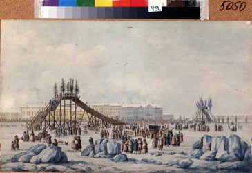 En berg-og-dal-bane-rampe på Neva ved Shrovetide (A Roller coaster on the Neva at Shrovetide). Verk av Michel Francois Damam Demartrait (1763-1827). Akvarell og blekk på papir, ca 1810, 33 x 54 cm, fransk kunst, klassisisme. A. Pushkin Memorial M