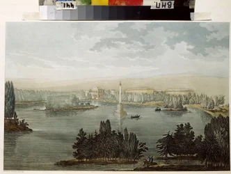 Utsikt over Tsarskoye Selo. Chesme-spalten. (Utsikt over Tsarskoye Selo. Chesme-søylen). Verk av Michel Francois Damam Damartrait (1763-1827), gravering farget med akvarell