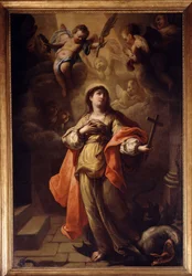 Saint Margaret. I hånden hans et krusifiks og føttene dragen (olje på lerret)