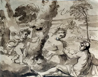 Kjærlighet, en hyrde og en nymfe. Tegning av Michel Corneille (1642-1708)